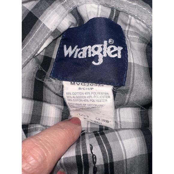 Wrangler Western Shirt Mens Size S Black White Plaid Snap Buttons Retro Cowboy - Picture 7 of 11